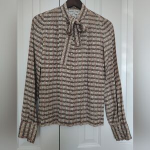 Vintage Saks Fifth Checkered Bow-Tie Blouse in Brown and Cream